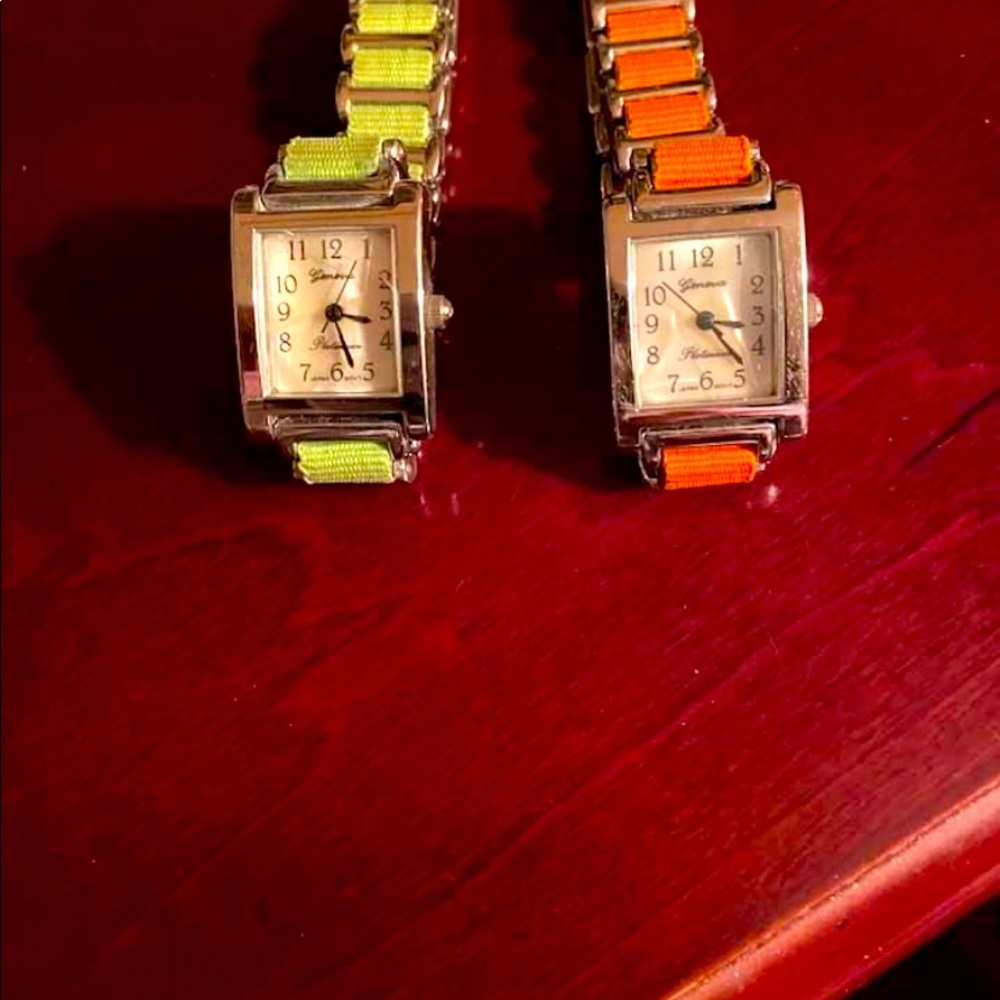 Ribbon band threaded in cute 2nd hand retro green and orange watches!